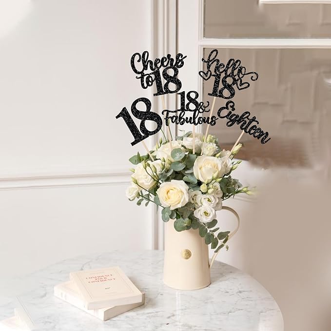 15PCS Happy 18th Birthday Centerpiece Sticks Hello 18 Cheers to 18 Birthday Table Flower Centerpieces Sticks Eighteen 18 Fabulous Floral Decorations for 18th Birthday Party Centerpieces Supplies Black