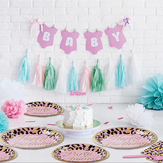 Grencian 96Pcs Cheetah Birthday Party Decorations Pink Leopard Plates and Napkins Cheetah Print Tableware for Women Girls Jungle Safari Animal Leopard Birthday Baby Shower Party Supplies, Serves 24