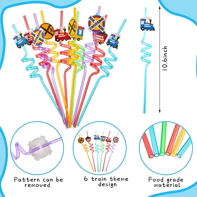Sumind 228 Pcs Train Party Favors Birthday Decoration Non Woven Goodie Bags Plastic Straws Punch Balloons Stamps Stickers Silicone Wristbands for Train themed Birthday Party Supplies