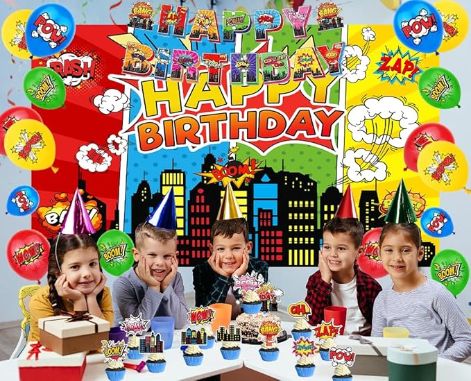 31pcs Superhero Birthday Party Supplies Pack Includes City Hero Theme Backdrop 5X3FT, Banner, Cupcake Toppers,Cake Topper and Balloons for Super Hero Party Decorations