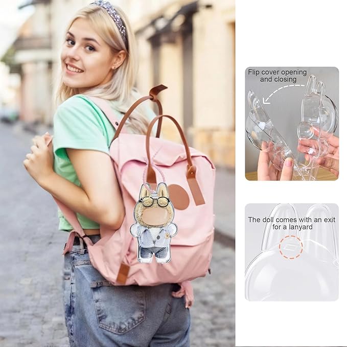 2pcs Figure Display Case for 17cm Doll, Clear Protective Cover with Detachable Keychain for Collectible Toys and Cosmetics, Blind Box Display Pouch for Travel or Home Decor