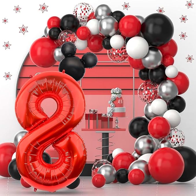 Mouse Number 8 Balloon 40 Inch Red Number 8 Balloon Mini Mouse Head Balloon for 8th Birthday Party, Black Red Large Number 8 Foil Balloon for Baby Shower Anniversary Supplies Decorations