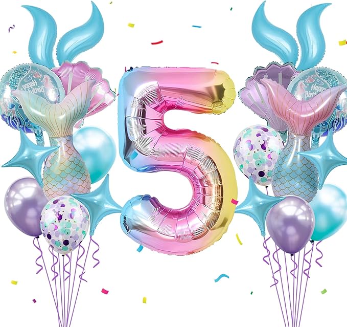Mermaid Birthday Decorations 40 Inch Giant 5 Years Old Foil Balloons Kit for Girls Under The Sea Theme Party 21Pcs Balloons for Birthday Anniversary Baby Shower Party Decorations Supplies