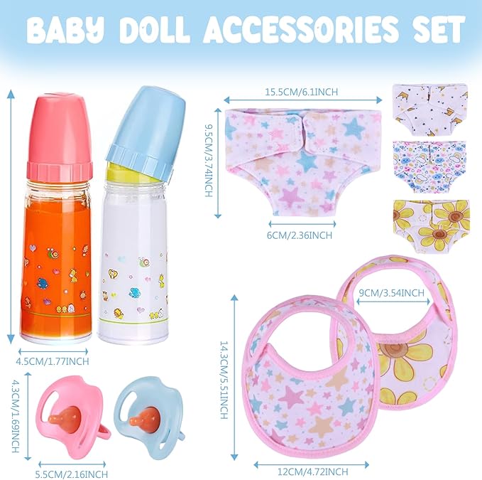 BABESIDE Baby Doll Accessories Set - 10 Pcs Feeding and Caring Set for 12-15 Inches Dolls Including Bottles with Disappearing Milk, Pacifier, Bibs, Diapers, Pretend Play Accessories for Kids