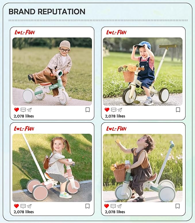 LOL-FUN 5 in 1 Toddler Tricycles for 1-3 Year Olds Boys Girls Toy, Baby Balance Bike 1 Year Old Kids Gift with Parent Steering Push Handle