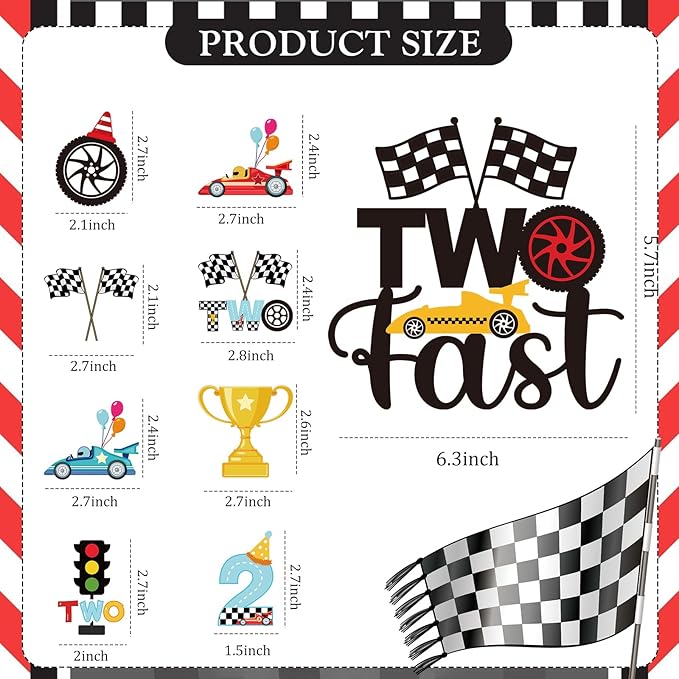Two Fast Cake Decorations - 25 Pcs Race Car Theme Curious Baby 2nd Birthday Cupcake Topper Let's Go Racing Table Decor Trophy Checkered Flag Traffic Light 2 Years Old Party Supplies for Boys