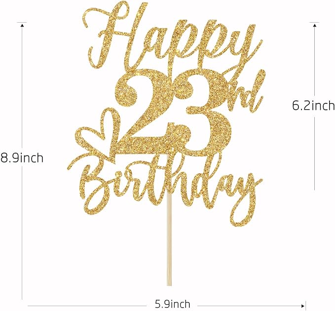 Gold Glitter Happy Birthday Cake Topper, Funny 23rd Birthday Party Supplies
