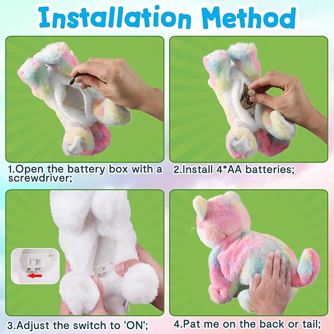 Colorful Robot Cat Plush Stuffed Animal Interactive Cats Meow Kitten Touch Control, Electronic Pet, Robotic Kitty Toy, Animated Toy Cats for Girls Baby Kids L:12"