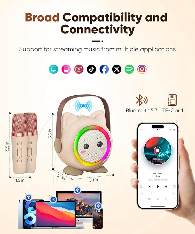 Mini Karaoke Machine Toy for Kids, Portable Karaoke Machine with 2 Wireless Microphone for 4,5,6,7,8,9,10,11,12+ Years Old Christmas Birthday Gifts Girls Boys (Beige)