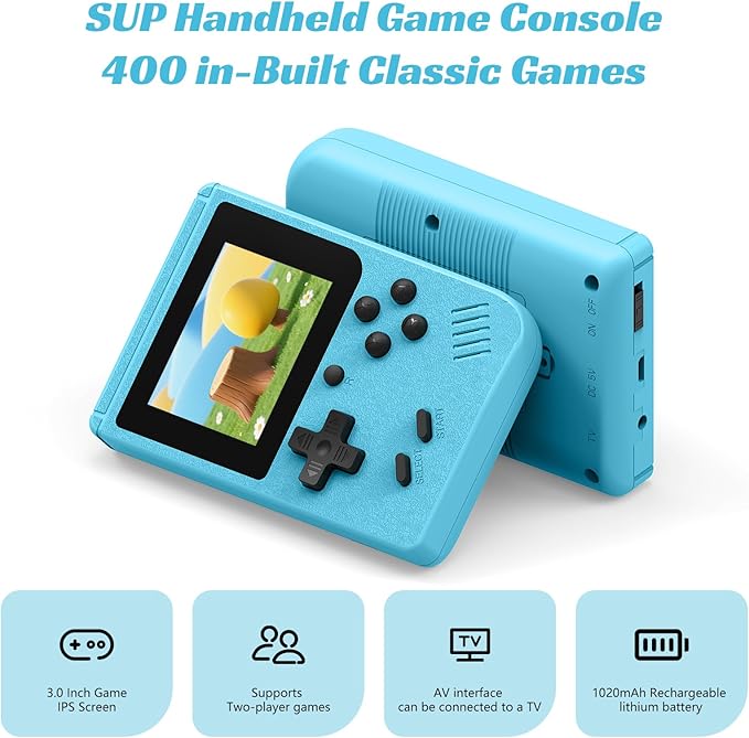 Retro Handheld Games Console, Built-in 400 Video Games,Portable Video Gaming Player with 3.0 Inch IPS Screen and Rechargeable Battery (Blue)