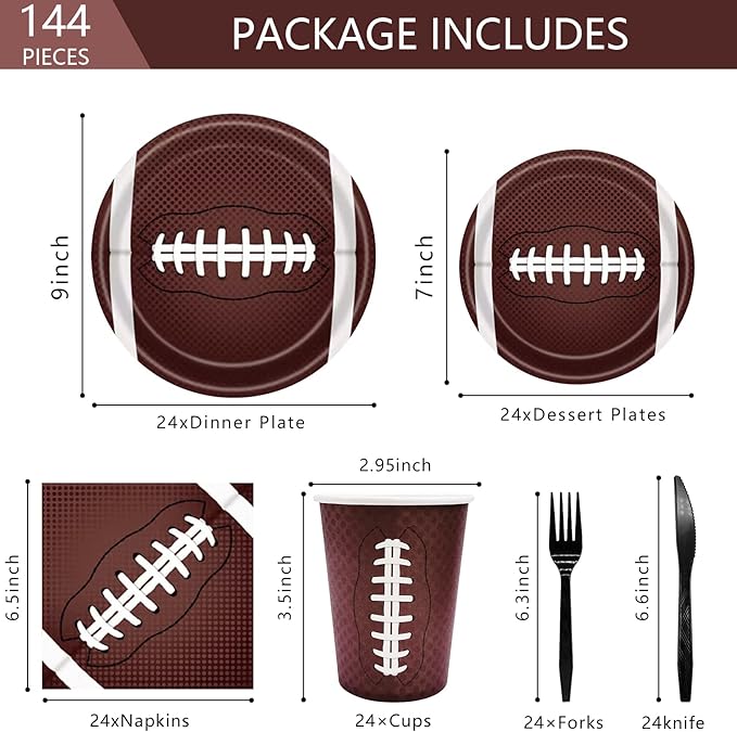 144Pcs Football Party Supplies Football Plates and Napkins Tableware Set Include Paper Plates Napkins Cups Forks for Rugby Game Touchdown Tailgate Party Decorations Serve 24 Guests