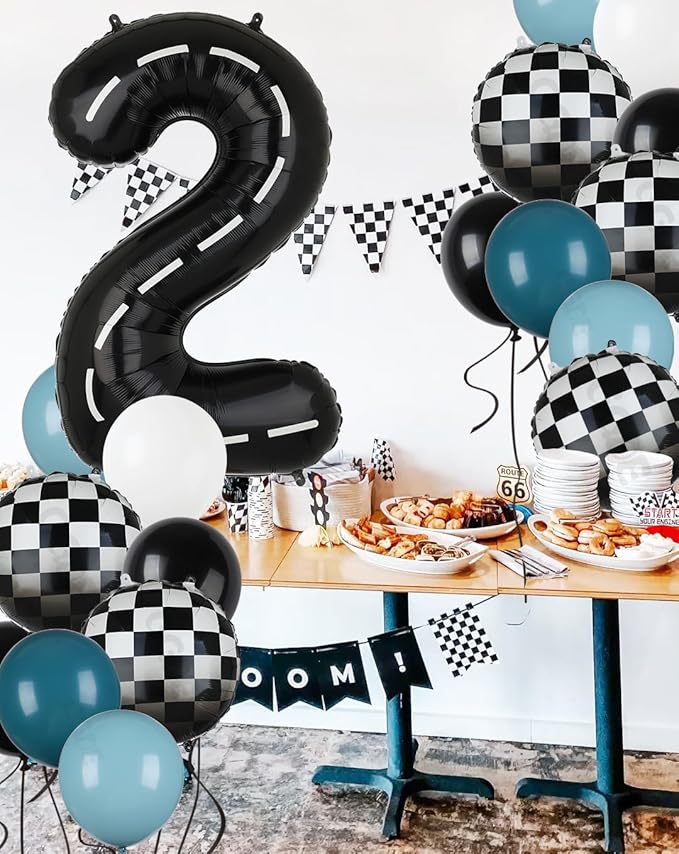 Race Car Balloon Bundle Blue Black 40 Inch Racetrack Number Balloon 2 Black and White Race Car Latex Balloon Boys Two Fast Race Car 2nd Birthday Race Car Theme Party Decor Supplies 21 Pcs Kit