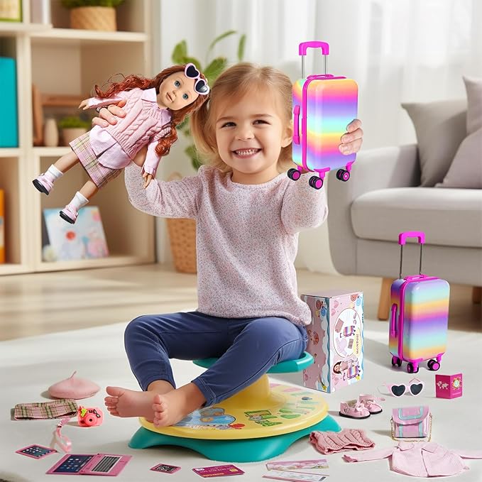 27 PCS American 18-inch-Doll-Clothes and Accessories-Travel-Suitcase Luggage,Clothes and Shoes, Bag, Sunglasses, Camera, Passport, Notebook, Phone, pad Travel Gear Play Set Fit(No Doll)
