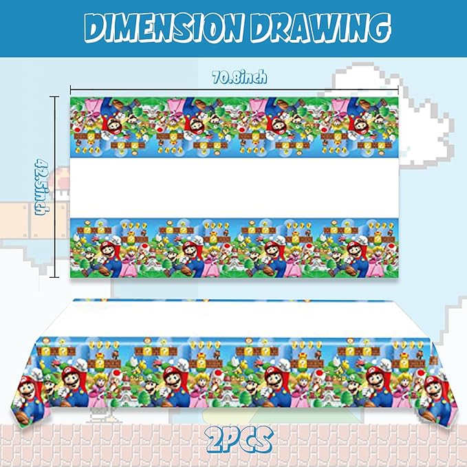 2Pack Mario Tablecloth Disposable Tablecover Birthday Party Supplies and Decorations for Kid Boy Baby Shower Rectangle Tables 70"X42"