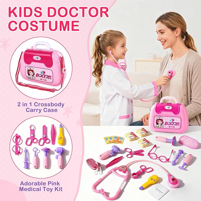 Doctor Costume for Kids - Dr Medical Pretend Play Toys Set for Girls - Doctors Kit for Toddlers 3-5 - Nurse Sets for Girl 22Pcs - Doctors Playset for Toddler Ages 3 4 5 6 Year Old