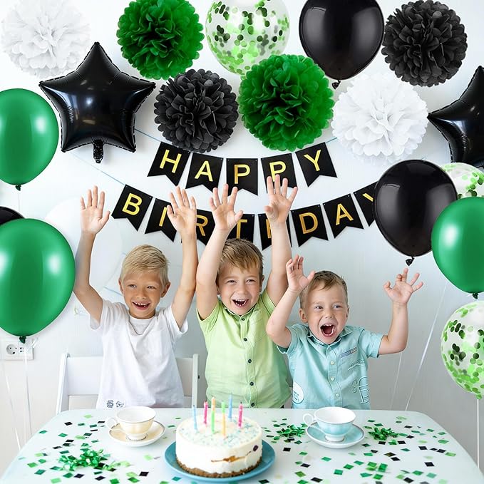 Birthday Decorations for Men Green and Black Party Decor Supplies Boy Including Happy Birthday Banner Confetti Latex Balloon Foil Balloon and Ribbon