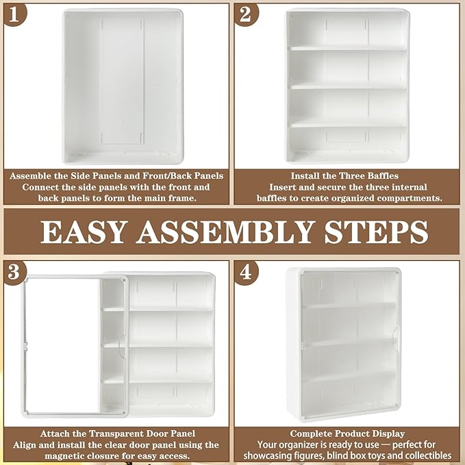 4-Tiers Clear Display Case for Figures, Wall-Mounted Display Box with Adjustable Shelves, Dustproof Display Cabinet Organizer for Mini Figures, Blind Box Toys and Collectibles (White)