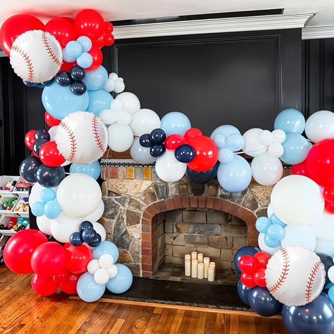 Baseball Balloons, 12 Inch Navy Blue Red White Light Dusty Blue Balloons with Baseball Gloves Ball Foil Balloon for Boys Baseball Themed Birthday Baby Shower Sport Theme Party Decorations