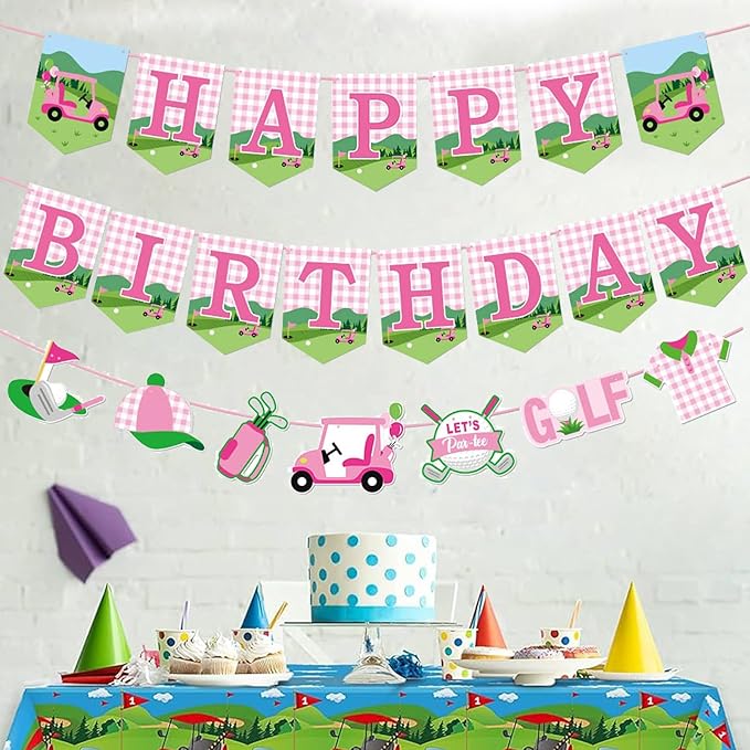 Zwiebeco Pink Green Golf Happy Birthday Banner Bunting Garland Hanging Paper Party Decorations for Girls Womens Adults Golf Sports Themed Bday Decor Accessories Supplies