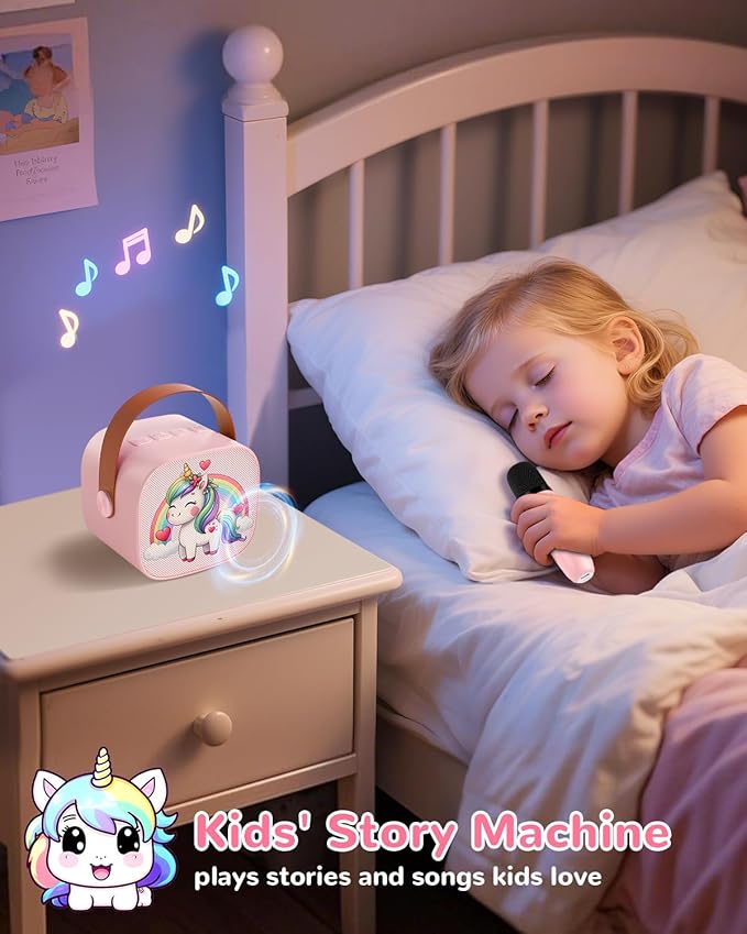 Mini Karaoke Machine for Kids,Portable Bluetooth Speaker with 2 Microphones,Rechargeable Battery,FM Radio,USB Playback,LED Lights for Boys & Girls Children's Gifts-Pink Pony