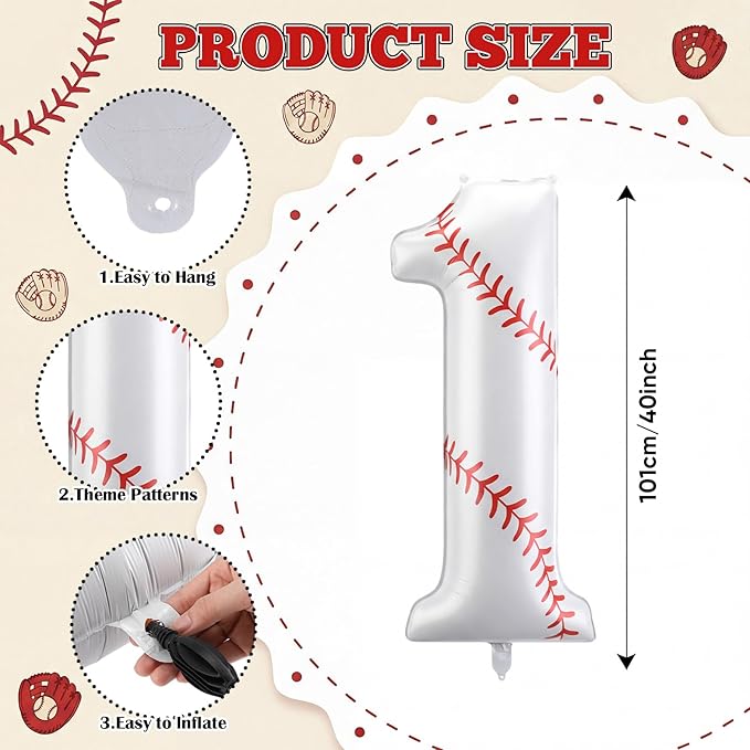 Jenaai Baseball Number 1 Balloons 40 Inch Baseball Theme Birthday Party Decorations Large Foil Balloons for Birthday Baby Shower Party Backdrop Celebration Supplies