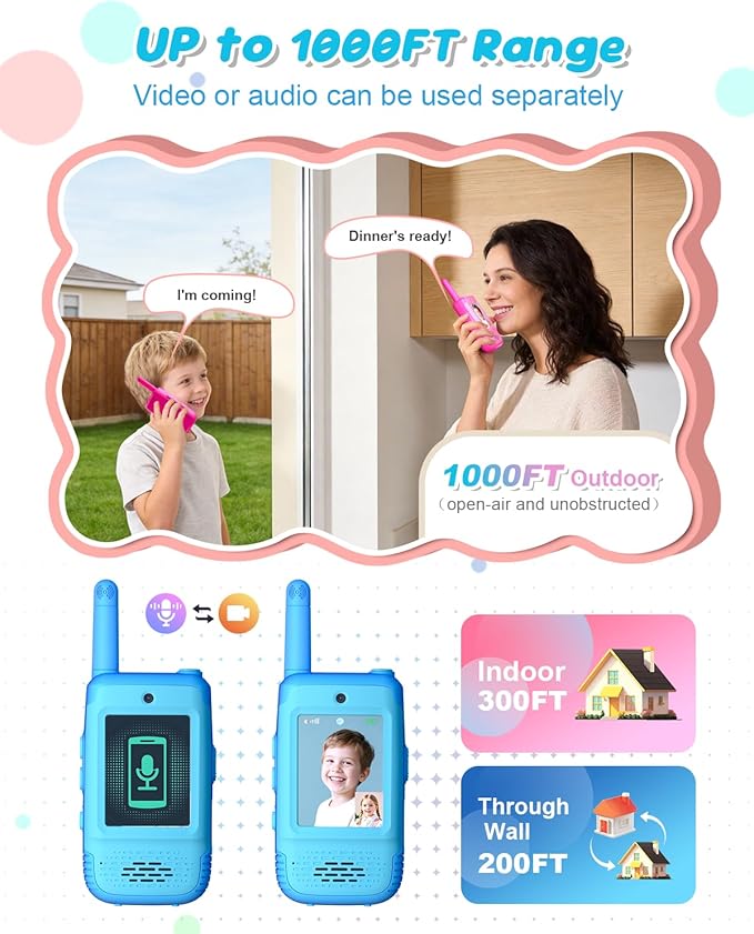 Video Walkie Talkies for Kids, Christmas Birthday Gifts Toys for Boys 3 4 5 6 7 8 Age, Kids Intercom with Video & 3 Voice Effects，Indoor Outdoor Toys Backyard, Camping, Hiking (Blue)
