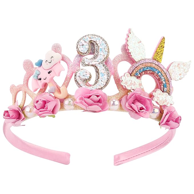 SuPoo 3rd Birthday Headband Flower Crown for Girls Princess Tiara Decorations Hair Band Cute 3 Year Old Party Accessory