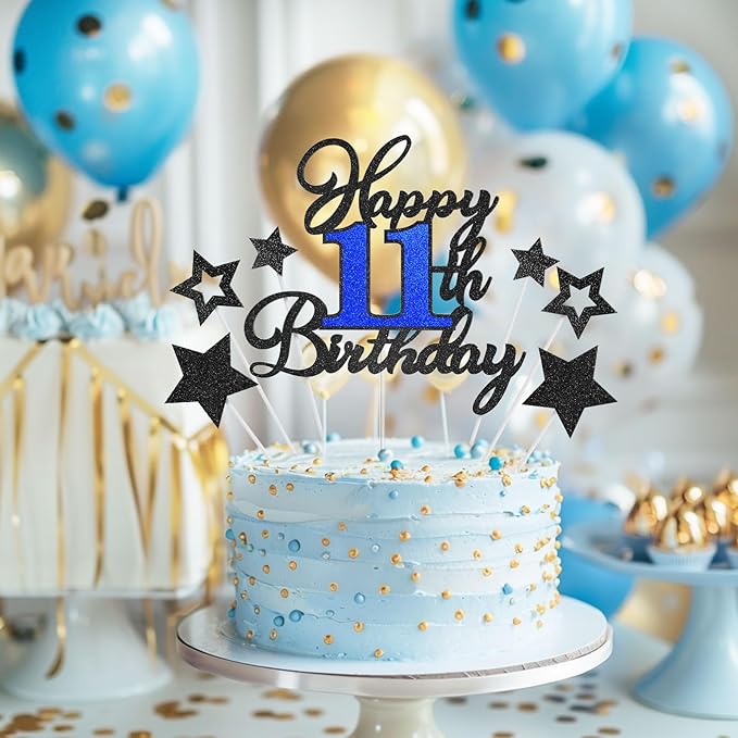 11th Birthday Cake Topper, Black Blue Happy 11th Birthday Cake Toppers for Boy Girl, 11 Years Old Birthday Party Supplies, Glitter Cake Decor, 11th Birthday Cake Decorations