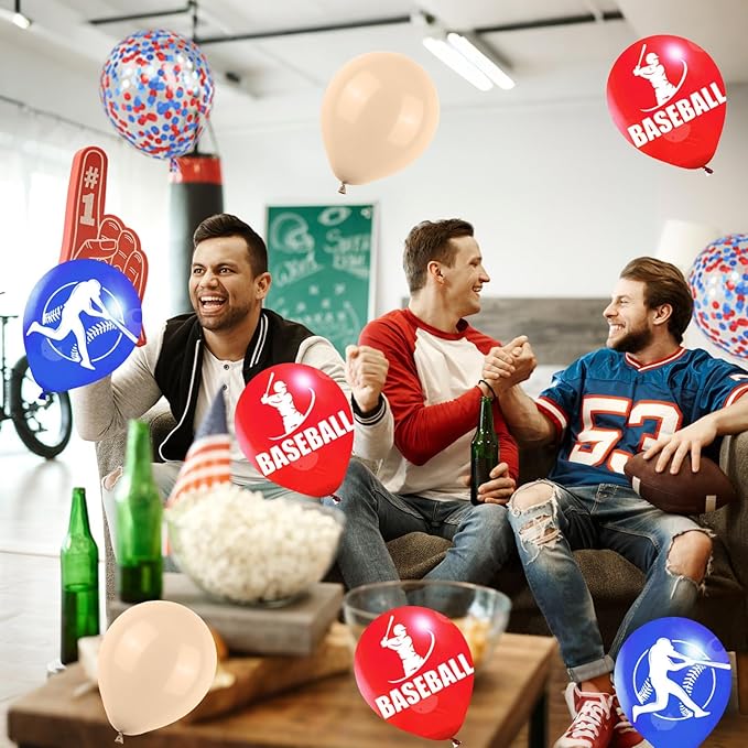 Baseball Balloons, 60Pcs 12 Inch Red Blue Brown Confetti Baseball Party Balloons for Kids Boy Baseball Birthday Sport Party Decorations Sports Themed Baby Shower Graduation Party Supplies