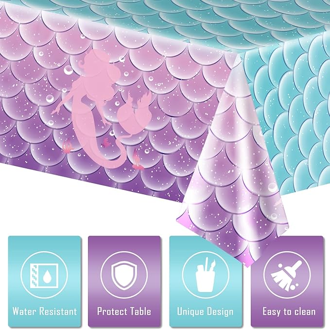 Jectivs 1Pcs Mermaid Birthday Party Tablecloth Decorations,Disposable Plastic Table Cover for Princess Under The Sea Baby Shower Themed Kids Birthday Party Supplies,108x54 Inch