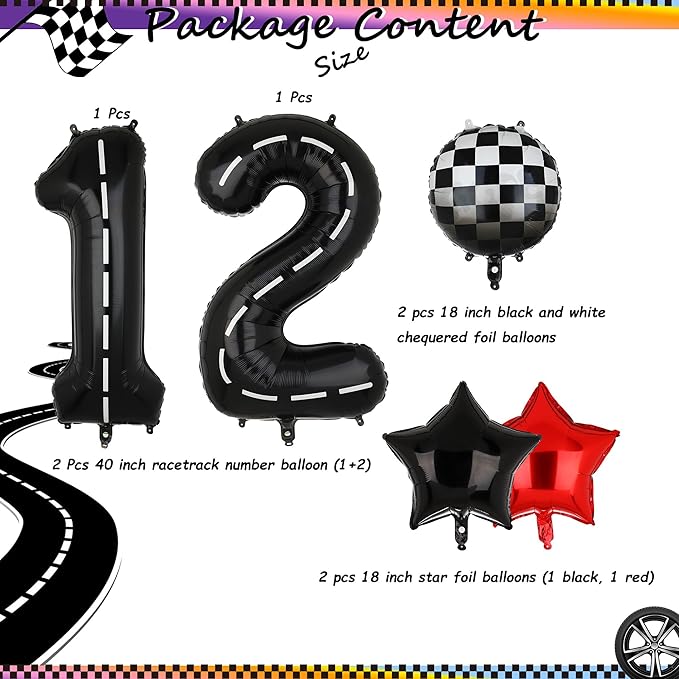 Race Car Birthday Balloons 40 Inch Racetrack Number Balloon 12 Black Boys 12st 21st Birthday Race Car Theme Party Decor Supplies 6 Pcs
