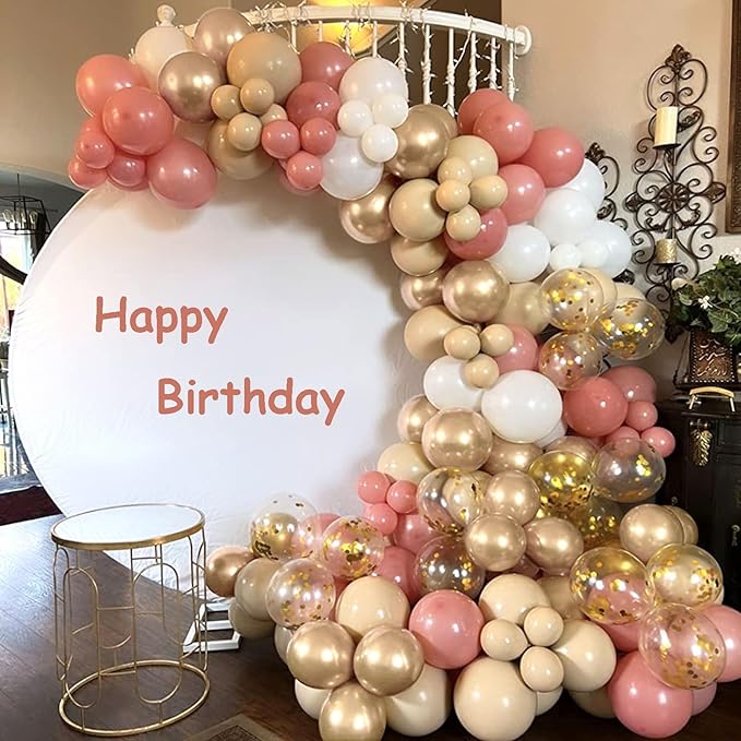 Retro Pink Beige Balloons Set, 12 Inch Dusty Pink Balloons Pink Gold Party Balloons Dark Gold Latex Balloons Boho Style Blush Pink Sand White Balloon for Baby Shower Girl Birthday Bridal Supplies