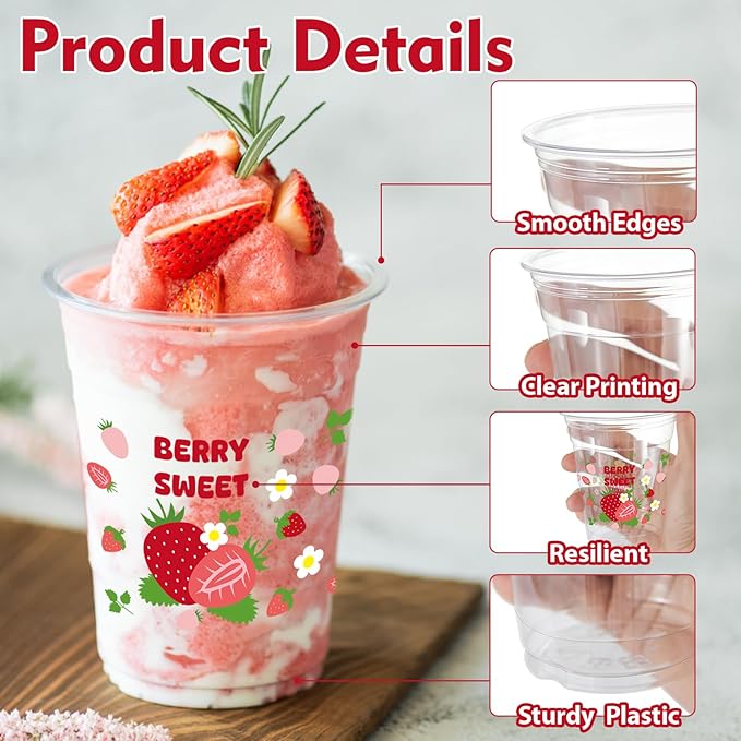 100 Pcs Strawberry Plastic Disposable Party Cups, 12 oz Pink and Red Strawberry Designs for Summer Spring Party, Birthday, Baby Shower Supplies