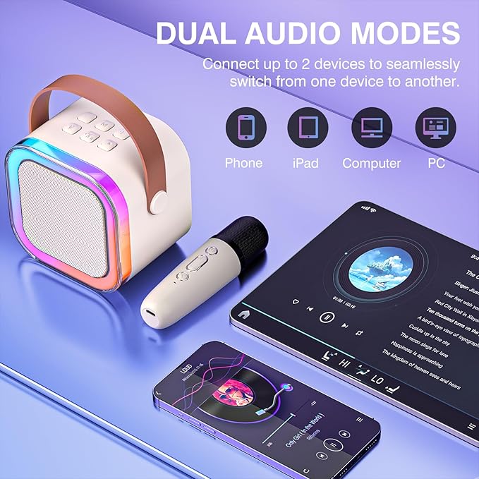 Mini Karaoke Machine for Kids Adults, Portable Bluetooth Karaoke Speaker with 2 Wireless Mics and LED Color Lights, Home Birthday Party for Girls/Boys Ages 3, 4, 5, 6, 7, 8, 9, 10,11, 12+ Year Old