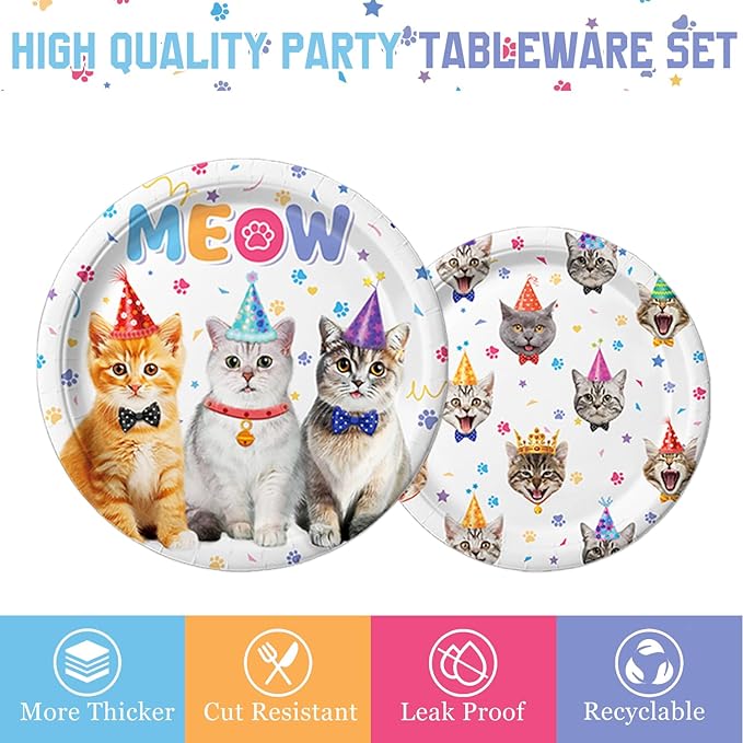 170PCS Cat Birthday Decorations Cat Birthday Party Supplies - Includes Plates, Napkins, Cups, Cutlery, Banner, Hanging Swirl for Cat Birthday Party Decorations, Serves 24