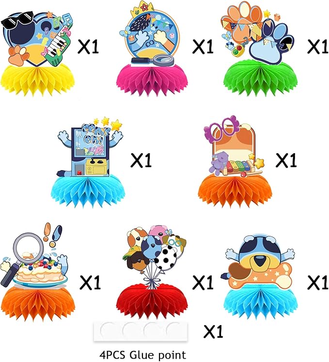 8Pcs Blue Dog Honeycomb Centerpieces,Cute Dog Birthday Party Decoration,Cartoon Dog Double Sided Table Supplies Party Favors