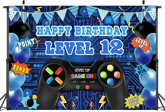 Game Theme Level 12 Birthday Backdrop Video Game Happy 12th Birthday Party Decorations Level Up Theme Boys Kids Birthday Party Supplies(7×5FT)