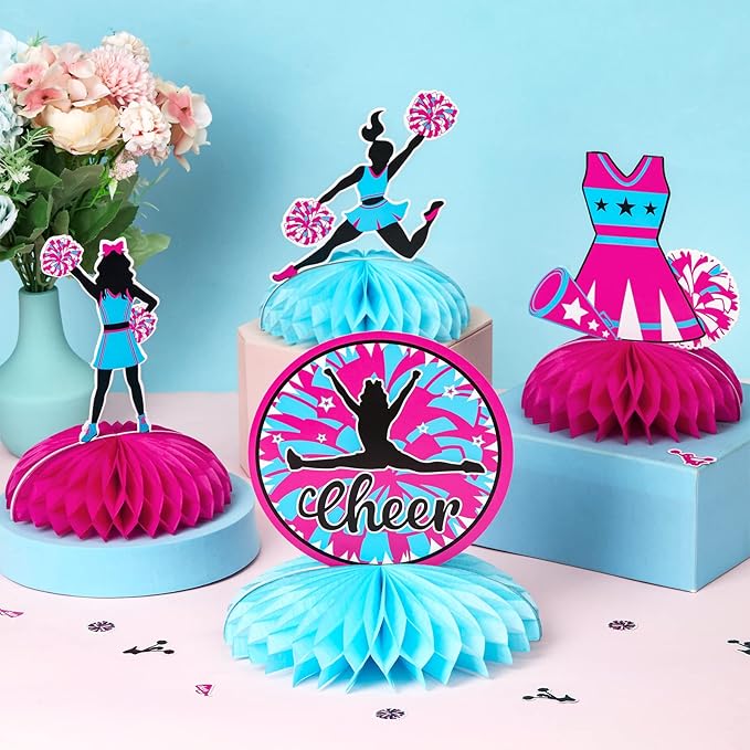 JOYMEMO 8 Pieces Cheerleading Honeycomb Centerpieces Hot Pink Blue - Cheerleading Themed Party Decorations Rose Red, Cheerleader Table Decor for Cheer Gymnastics Birthday Party Supplies