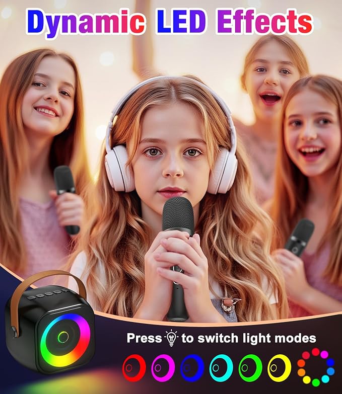Mini Karaoke Machine, Portable Bluetooth Speaker with 2 Wireless Microphones for Kids & Adults, Karaoke Microphone with LED Lights, Gifts for Girls & Boys