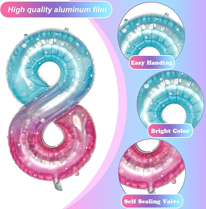 Purple Teal Number 8 Balloons, 40 Inch Giant Mermaid Starry Mylar Foil Number 8 Ballon for Girls, Self Inflating 8th Birthday Helium Balloon for Women 8th Anniversary Party Decorations Supplies