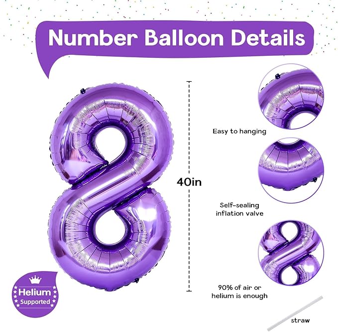 8th Birthday Number Balloons for Kids, Self Inflating 40 Inch Purple Foil 8 Balllon, Large Number 8 Balloons for Girls 8 Years Old Birthday Party Bridal Shower Anniversary Party Decorations Supplies