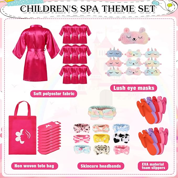 Bonuci 50 Pcs Spa Party Supplies for Girls, 10 Satin Robe 10 Kids Slippers Sleepover Birthday Spa Party Favors