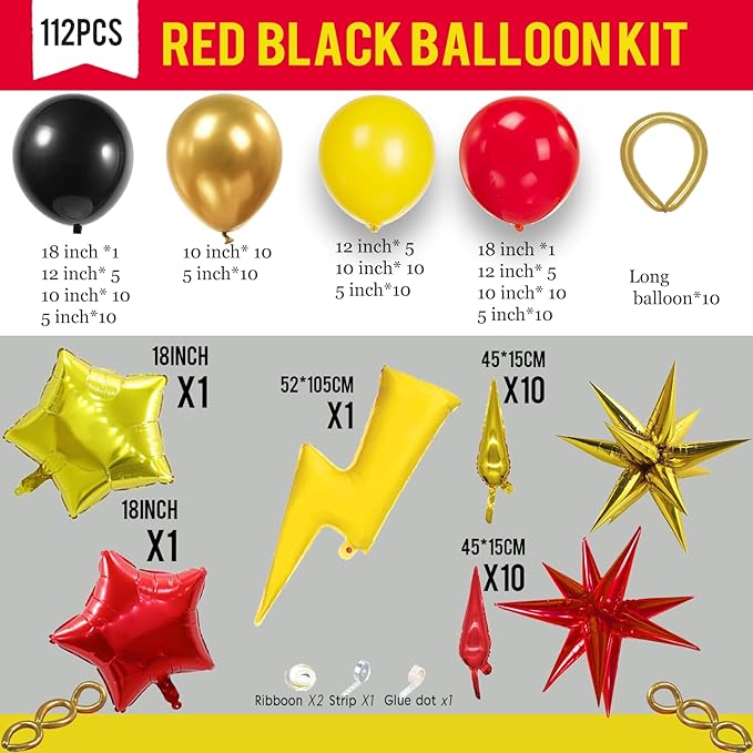 Red Black Yellow Balloon Garland Arch Kit - with Gold lightning Star foil balloons for kids cartoon Super Hero birthday Hedgehog fast go Carnival Circus Themed party decorations (Red Black Yellow)