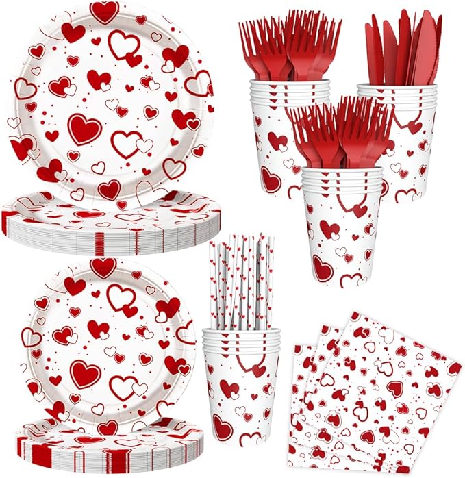 112 PCS Valentines Day Plates and Napkins Party Decorations Red Heart Galentines Day Party Decorations Supplies Valentines Baby Shower Birthday Disposable Plates Cups and Napkins Serves 16