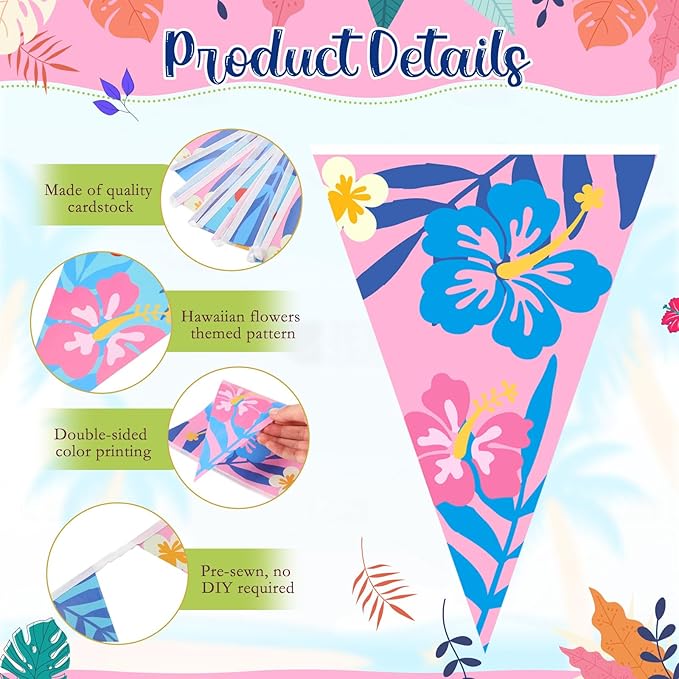 Pasimy 5 Pcs Cartoon Hawaiian Party Decorations Pink Blue Hawaiian Hibiscus Pennant Banners Flower Bunting Pre-Strung Paper Triangle Flags for Cartoon Tropical Luau Birthday Baby Shower Party Supplies