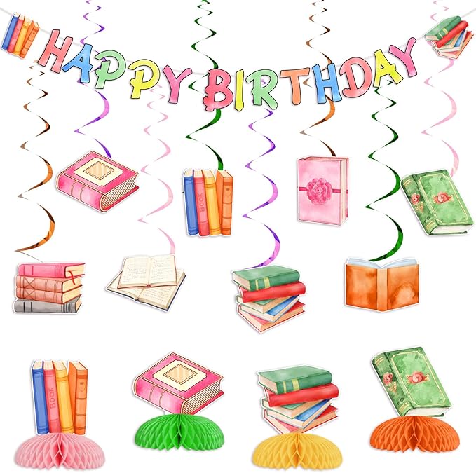 Book Birthday Party Decorations Reading Birthday Honeycomb Centerpieces Reading Ceiling Streamers I Love Reading Happy Birthday Party Banner for Library Books Club Party Supplies