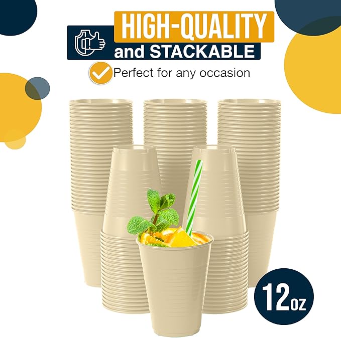 Exquisite Party Solids 12 Oz Ivory Plastic Cups For Party Supplies 50 Pack | Ivory Disposable Cups Plastic | Disposable Drinkware For Parties, Events & Everyday