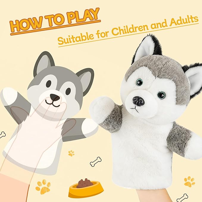 Puppy Hand Puppet Soft Plush Animal Toy No-Shedding Plush Dog Interactive Pretend Play Storytelling Classroom Educational Gift for Children Boys Girls Husky