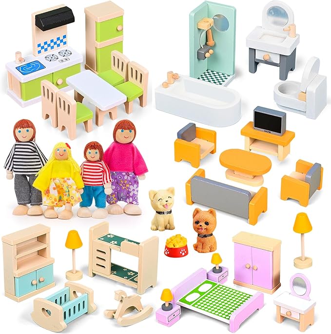 36PCS Wooden Dollhouse Furniture Set with 4 Flexible Family Dolls - 5 Room Realistic Doll House Accessories for Toddlers 3 4 5 6, Pretend Play Toys Gift for Birthday and Christmas