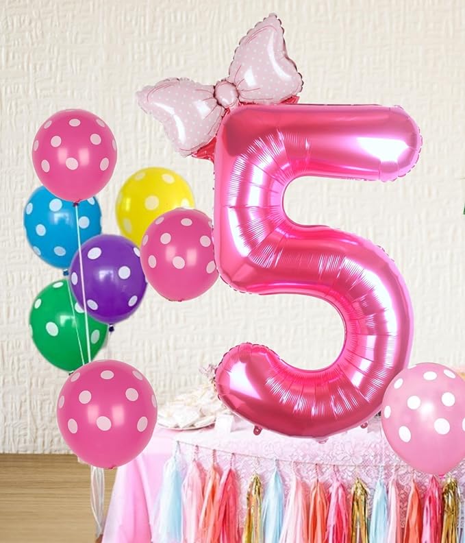 40 Inch Pink Number 5 Balloon with Mini Bow Balloon for Girls 5th Birthday Decorations, Pink Girl Princess Western Cowgirl Theme Birthday Party Balloons Decorations Supplies